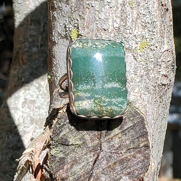 Navajo Sterling Signed TP Large 1" Tree Agate Ring 7 3/4 - Picture 1 of 11